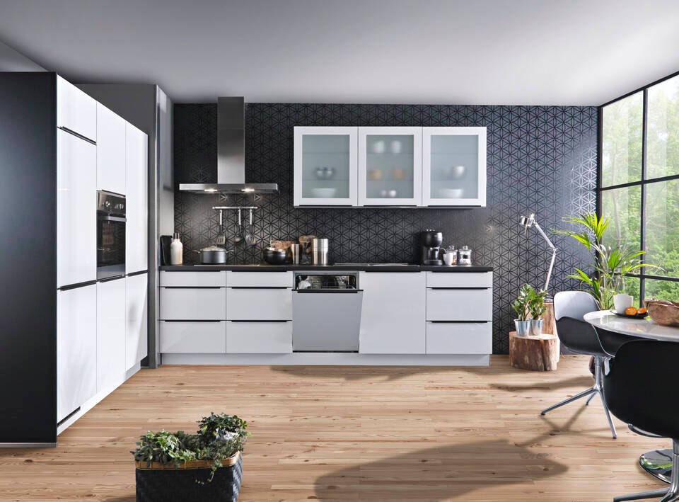 Express Küche ohne Geräte in Weiß Hochglanz & Schwarz: zweizeilig, 300x184 cm, 484 cm, Spüle rechts | Doppelblock "EXK810-1-0-r" / Bild 2