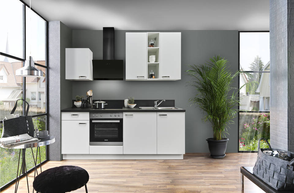 Express Küchenzeile ohne Geräte in Weiß & Schwarz: 220 cm, Spüle rechts | Singleküche "EXK840-1-0-r"