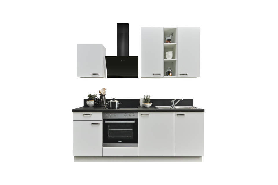 Express Küchenzeile ohne Geräte in Weiß & Schwarz: 220 cm, Spüle rechts | Singleküche "EXK840-1-0-r"
