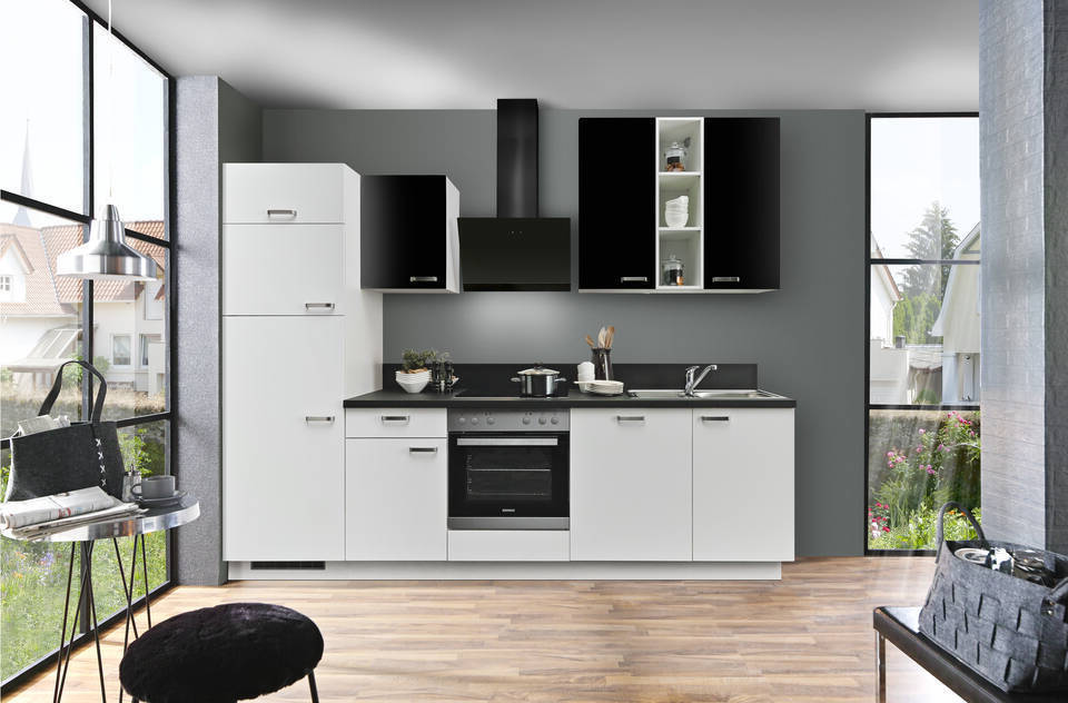Express Küchenzeile ohne Geräte in Weiß & Schwarz: 280 cm, Spüle rechts | Singleküche "EXK860-4-0" / Bild 1