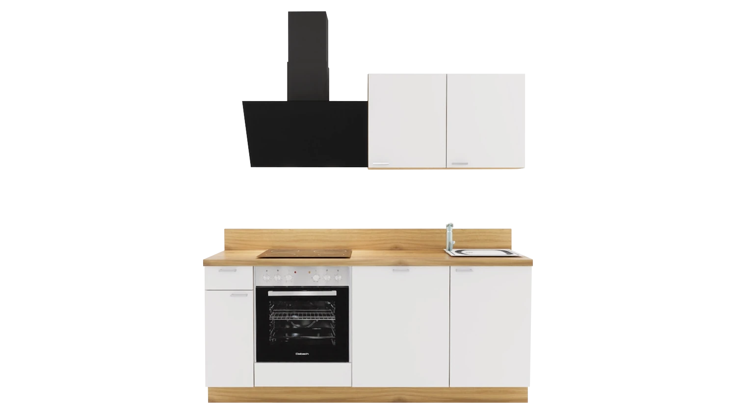 Express Küchenzeile ohne Geräte in Weiß & Eiche astig: 200 cm, Spüle rechts | Miniküche "EXK900-4-0-r"