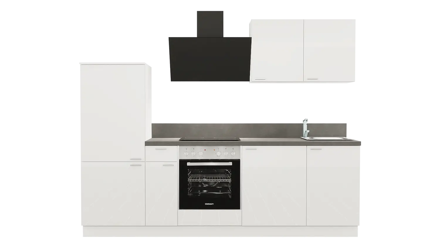 Express Küchenzeile ohne Geräte in Weiß Hochglanz & Stahl dunkel: 260 cm, Spüle rechts | Küchenblock "EXK910-5-0-r"
