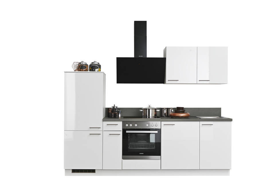Express Küchenzeile ohne Geräte in Weiß Hochglanz & Stahl dunkel: 260 cm, Spüle rechts | Küchenblock "EXK910-5-0-r" / Bild 3