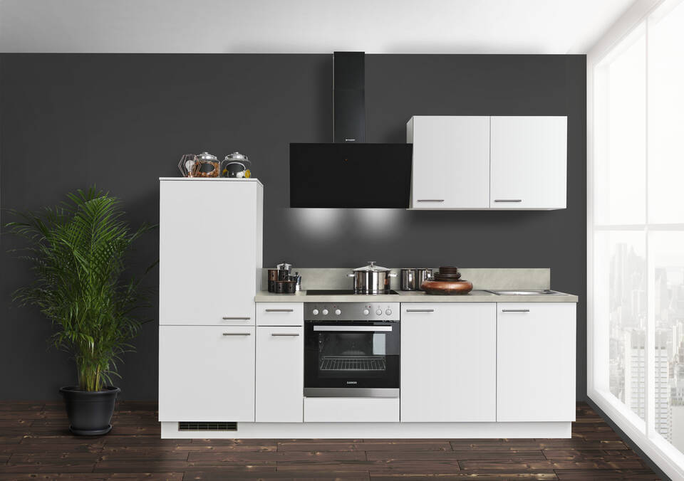 Express Küchenzeile ohne Geräte in Weiß & Zement hell: 260 cm, Spüle rechts | Küchenblock "EXK910-1-0"