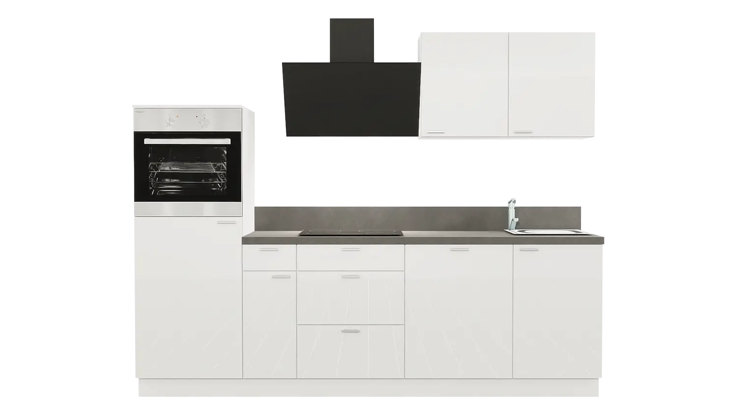 Express Küchenzeile ohne Geräte in Weiß Hochglanz & Stahl dunkel: 260 cm, Spüle rechts | Singleküche "EXK940-5-0-r"