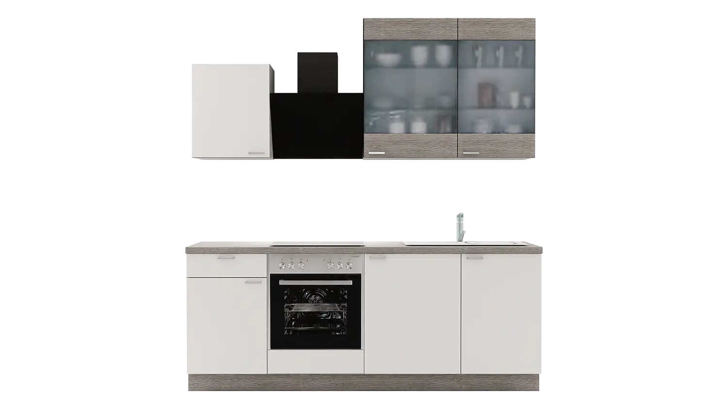 Express Küchenzeile ohne Geräte in Weiß & Eiche grau: 220 cm, Spüle rechts | Singleküche "EXK960-1-0-r"