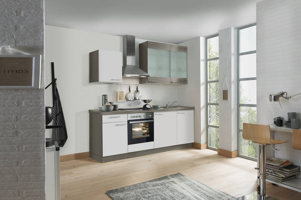 Express Küchenzeile ohne Geräte in Weiß & Eiche grau: 220 cm, Spüle rechts | Singleküche "EXK960-1-0-r" / Bild 2