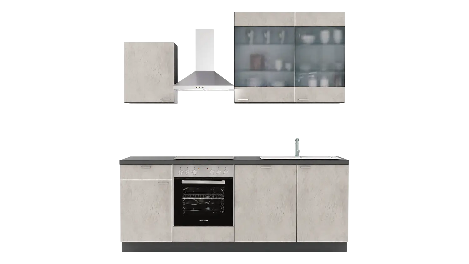 Express Küchenzeile ohne Geräte in Beton hell & Anthrazit: 220 cm, Spüle rechts | Singleküche "EXK970-3-0-r"