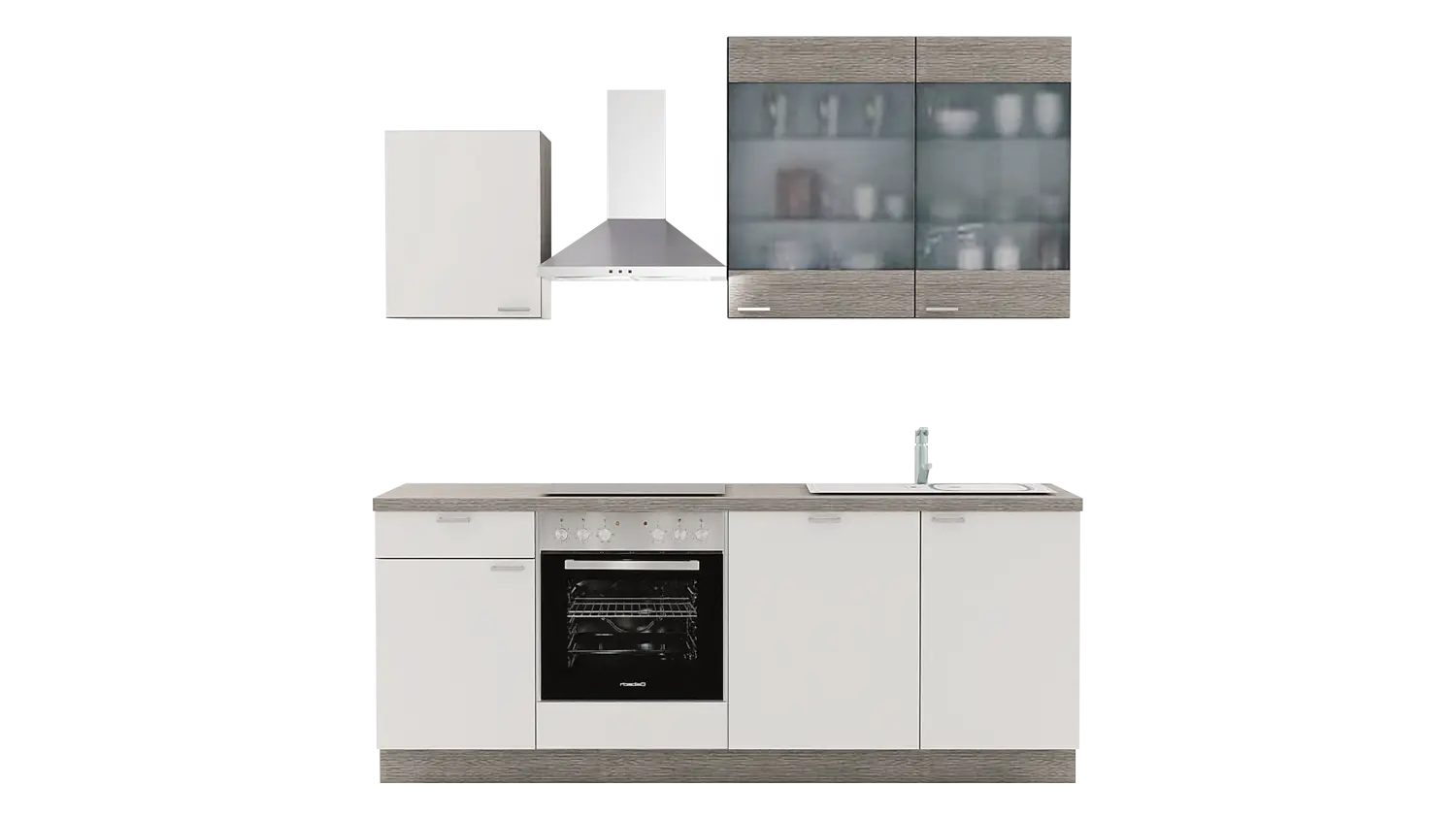 Express Küchenzeile ohne Geräte in Weiß & Eiche grau: 220 cm, Spüle rechts | Singleküche "EXK970-1-0-r" / Bild 1