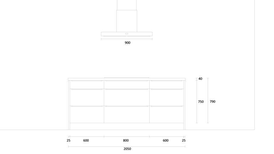 Küche mit Insel "EXK1010-3-1" mit Spüle links: Wandansicht & Maße in mm / Bild 2