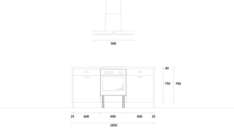 Küche mit Insel "EXK1050-2-0" mit Spüle links: Wandansicht & Maße in mm / Bild 2