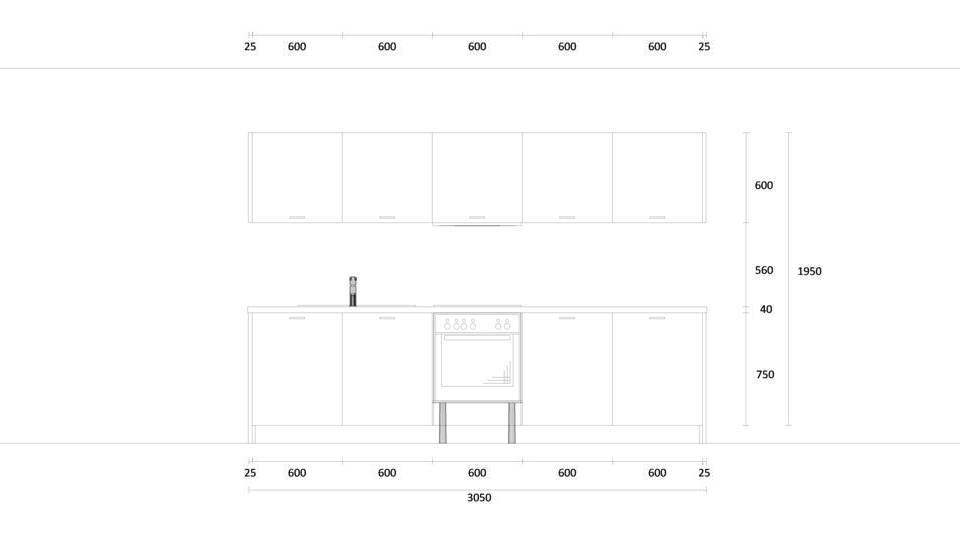Küche mit Insel "EXK1060-1-1" mit Spüle links: Wandansicht & Maße in mm / Bild 1