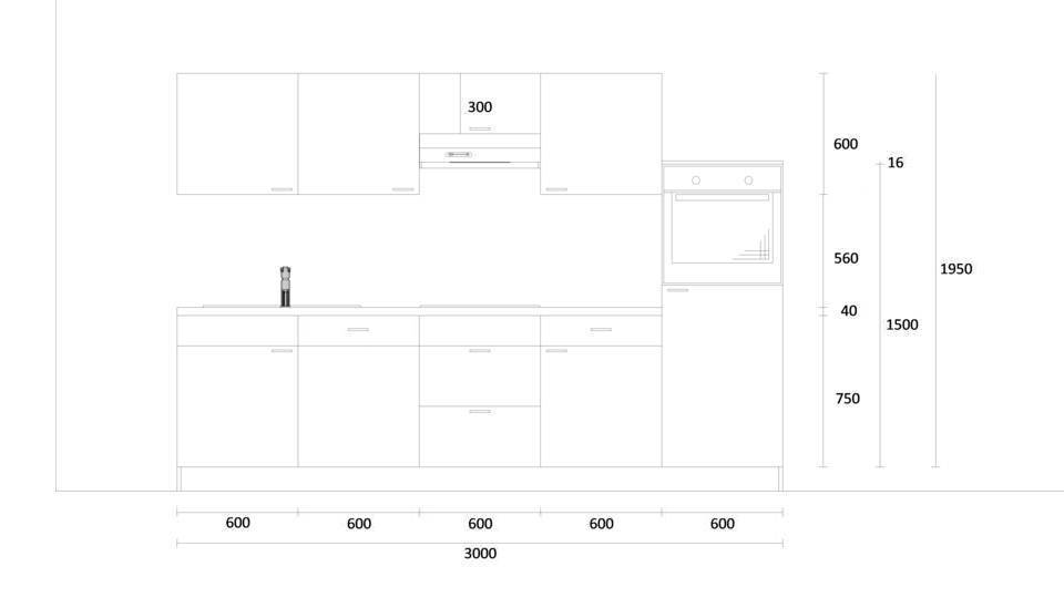 Küchenzeile "EXK1080-4-0" mit Spüle links: Wandansicht & Maße in mm