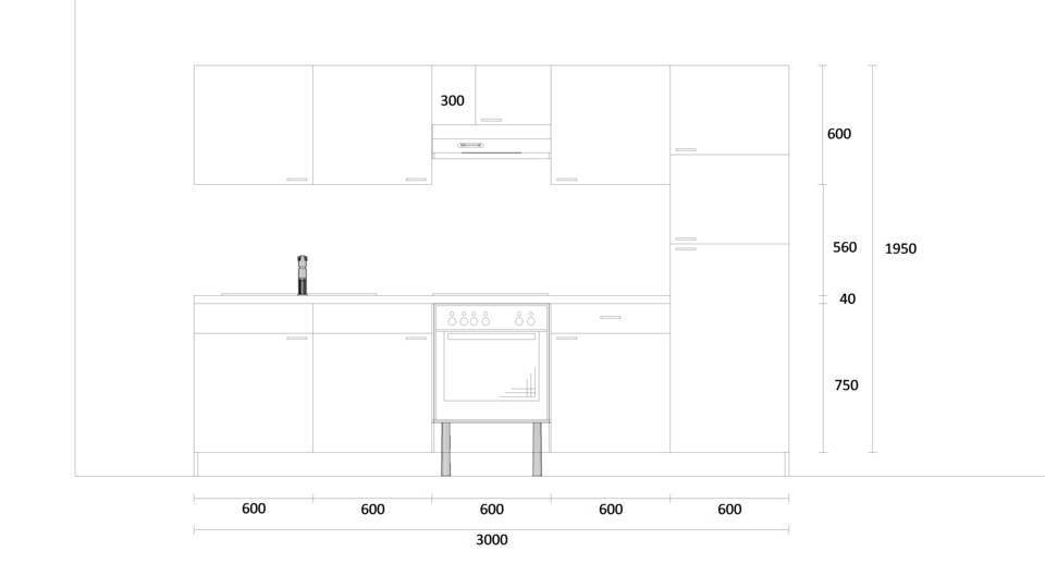 Küchenzeile "EXK1100-4-0" mit Spüle links: Wandansicht & Maße in mm