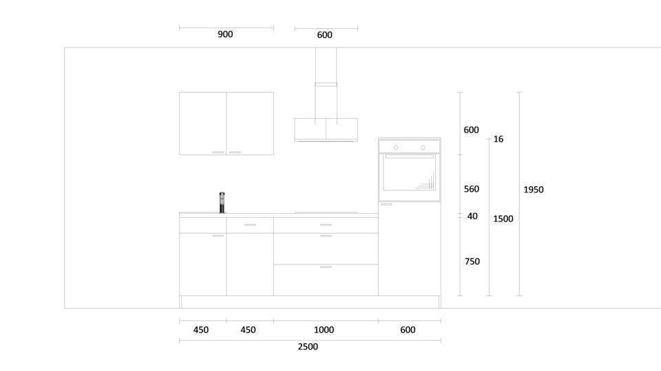 Küchenzeile "EXK1120-2-0" mit Spüle links: Wandansicht & Maße in mm