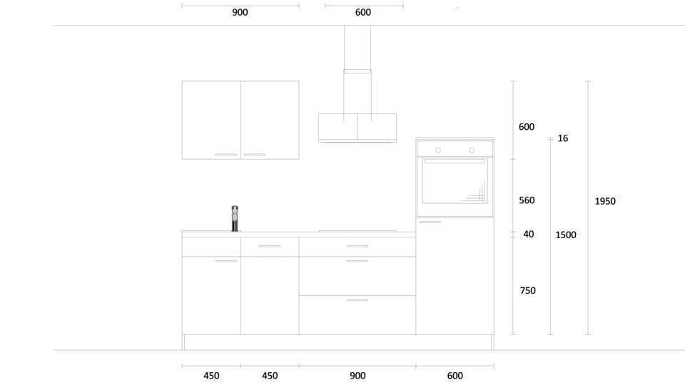 Küchenzeile "EXK1150-1-1" mit Spüle links: Wandansicht & Maße in mm
