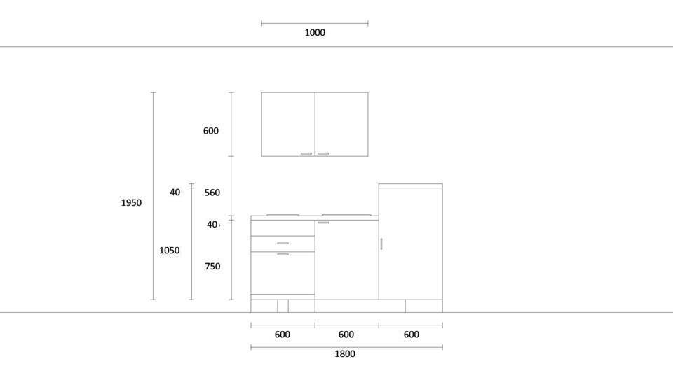 Küchenzeile "EXK230-8-0" mit Spüle links: Wandansicht & Maße in mm