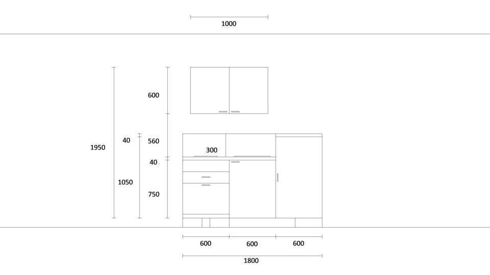 Küchenzeile "EXK240-1-1" mit Spüle links: Wandansicht & Maße in mm