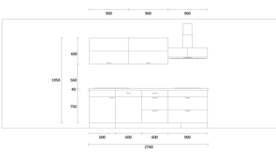 Zweizeilige Küche "EXK30-3-1" mit Spüle links: Wandansicht & Maße in mm / Bild 2