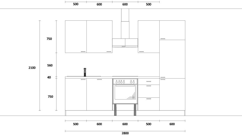 Küchenzeile "EXK350-1-1" mit Spüle links: Wandansicht & Maße in mm