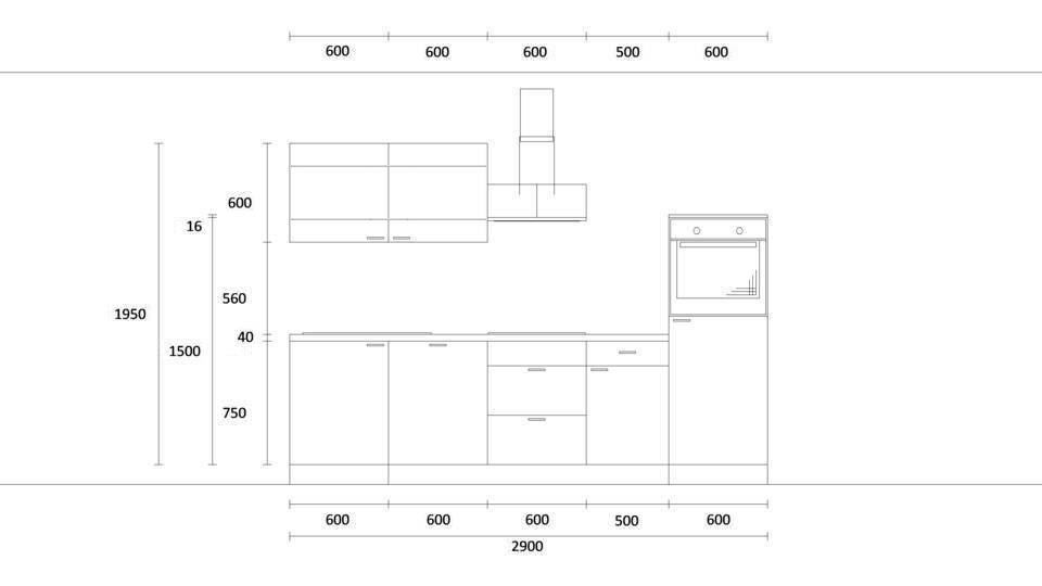 Küchenzeile "EXK360-1-0" mit Spüle links: Wandansicht & Maße in mm