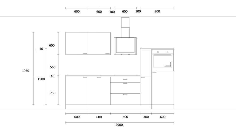 Küchenzeile "EXK370-7-1" mit Spüle links: Wandansicht & Maße in mm