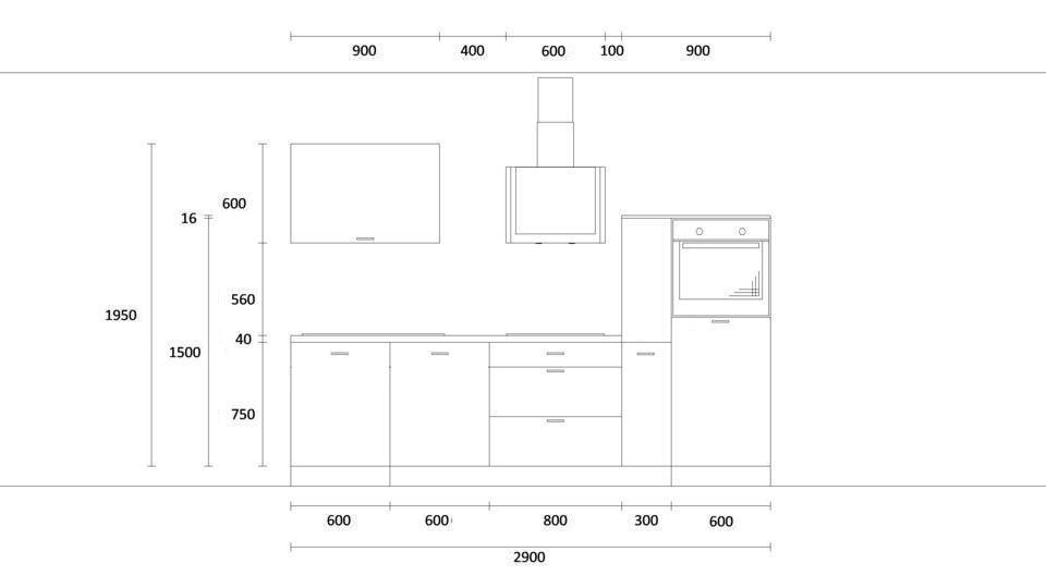 Küchenzeile "EXK380-2-1" mit Spüle links: Wandansicht & Maße in mm