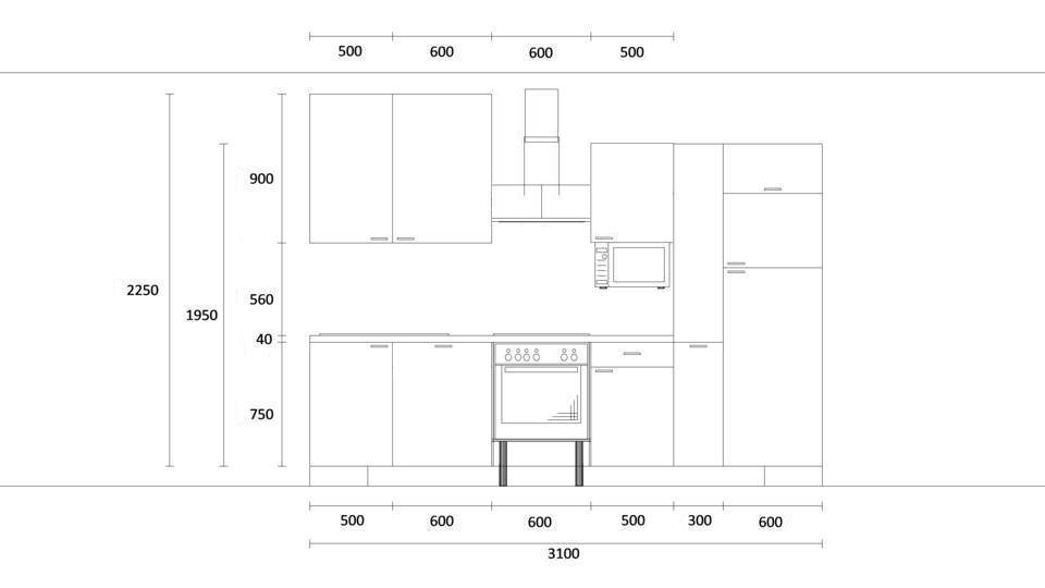 Küchenzeile "EXK460-2-1" mit Spüle links: Wandansicht & Maße in mm