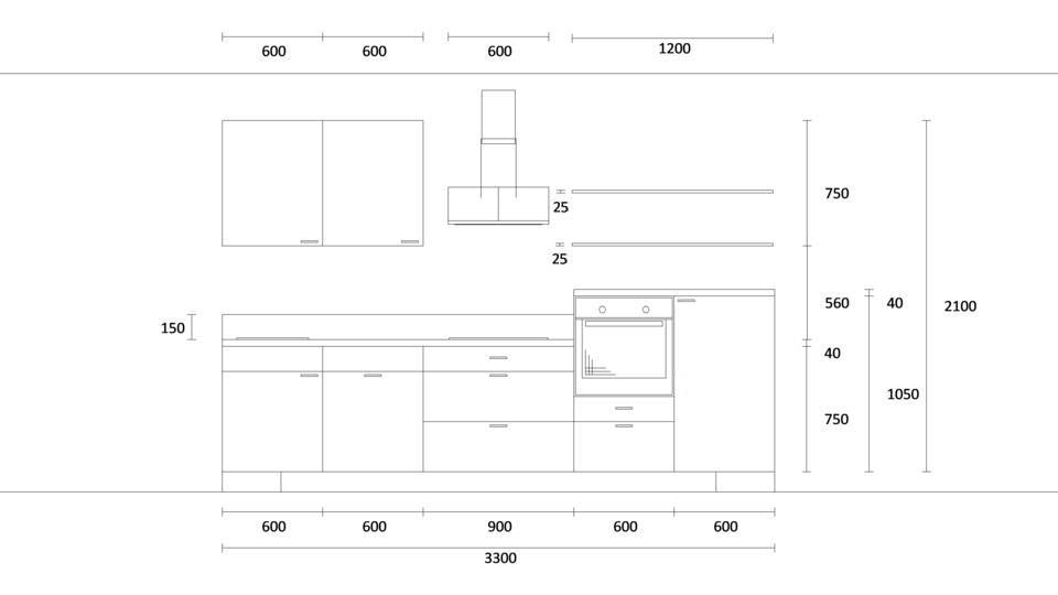 Küchenzeile "EXK500-2-1" mit Spüle links: Wandansicht & Maße in mm