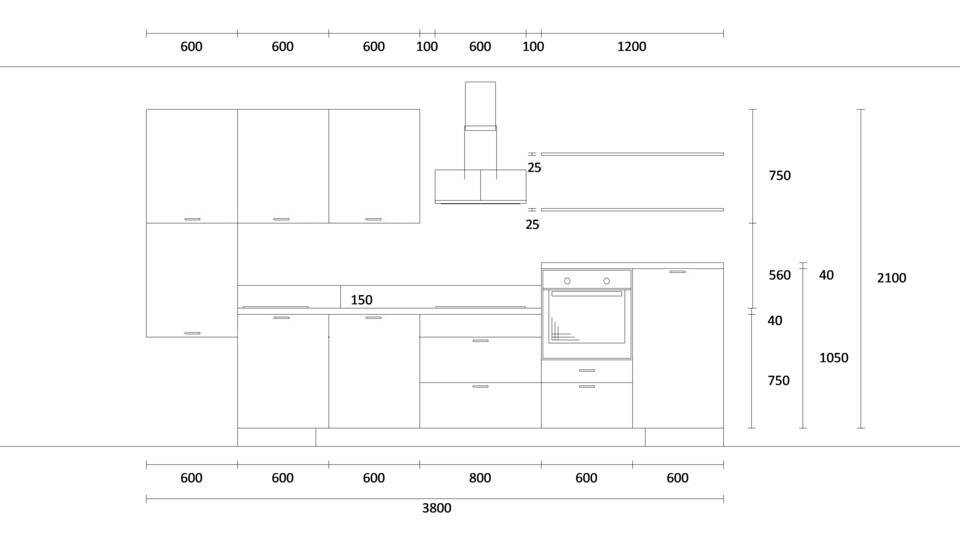 Küchenzeile "EXK530-2-0" mit Spüle links: Wandansicht & Maße in mm