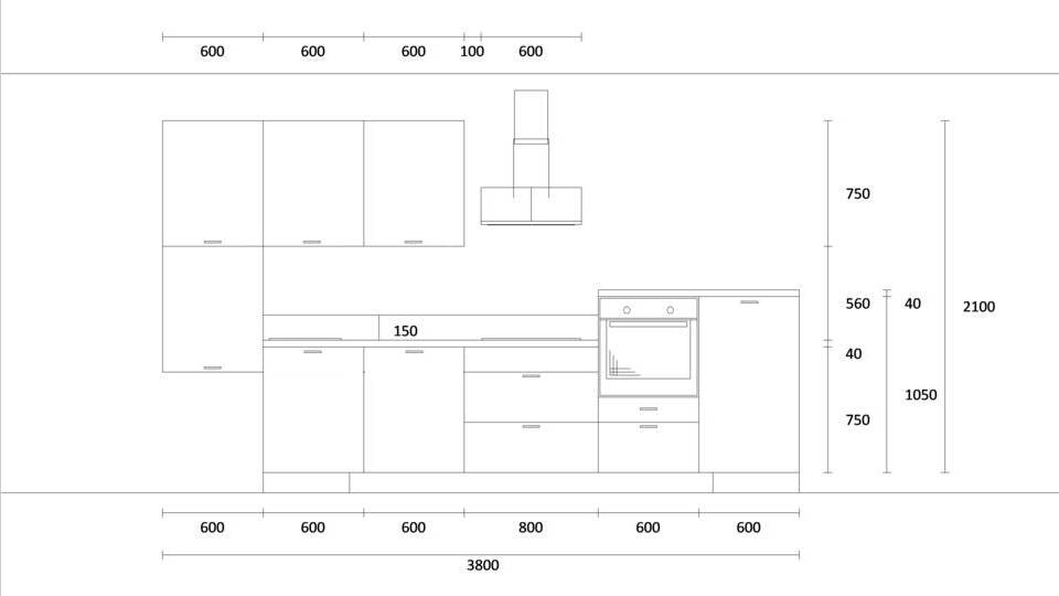 Küchenzeile "EXK540-1-0" mit Spüle links: Wandansicht & Maße in mm