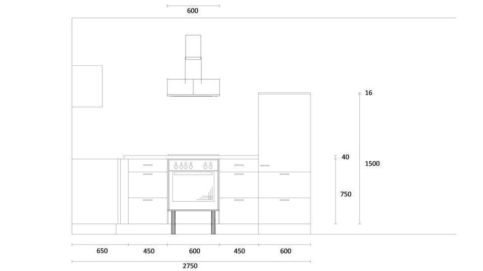L-Küche "EXK570-1-0" mit Spüle links: Wandansicht & Maße in mm