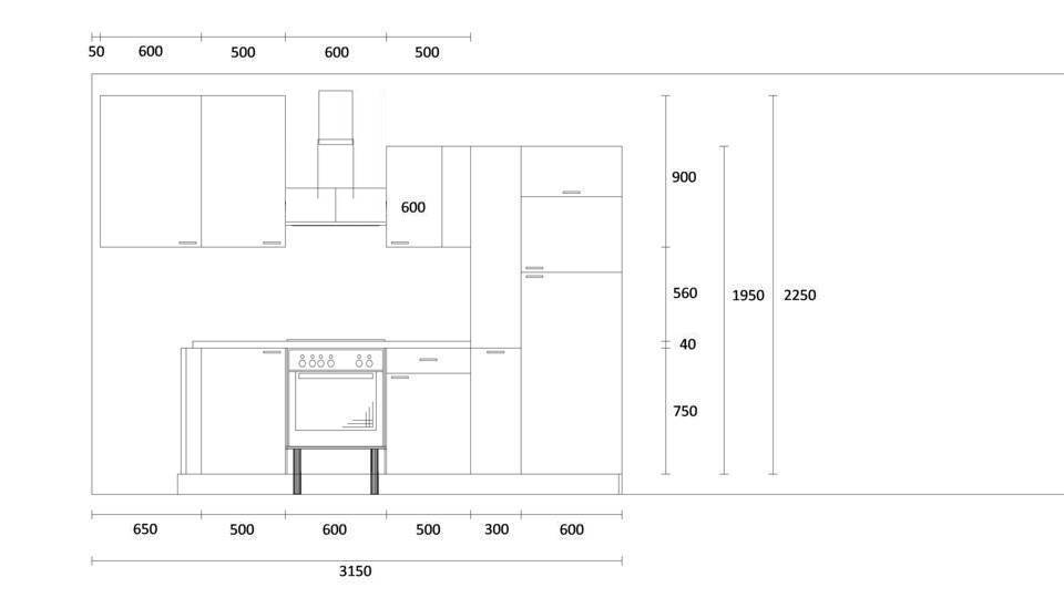 L-Küche "EXK600-1-1" mit Spüle links: Wandansicht & Maße in mm / Bild 2