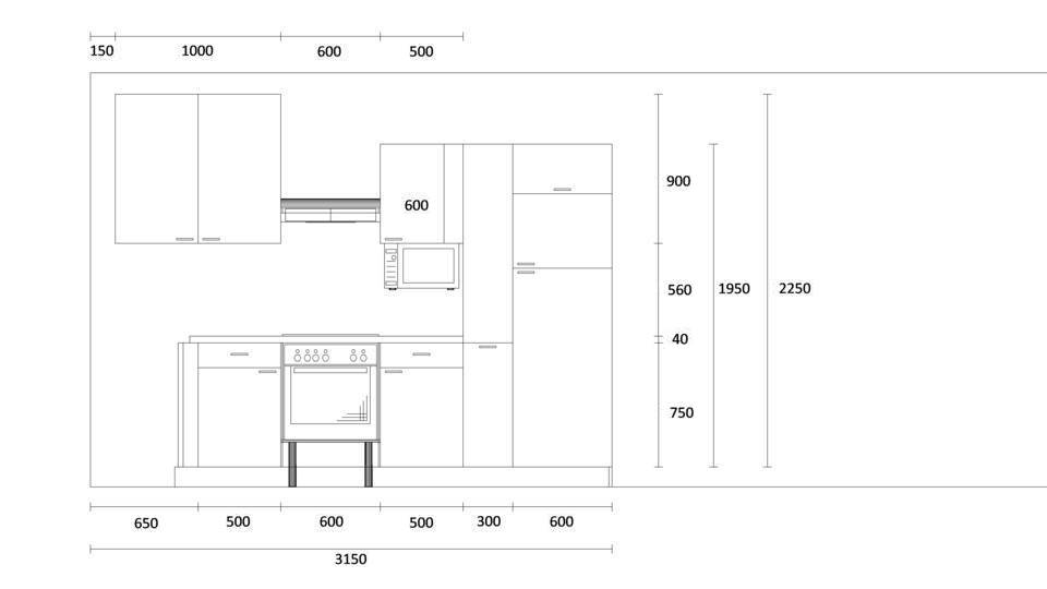 L-Küche "EXK610-1-0" mit Spüle links: Wandansicht & Maße in mm / Bild 2