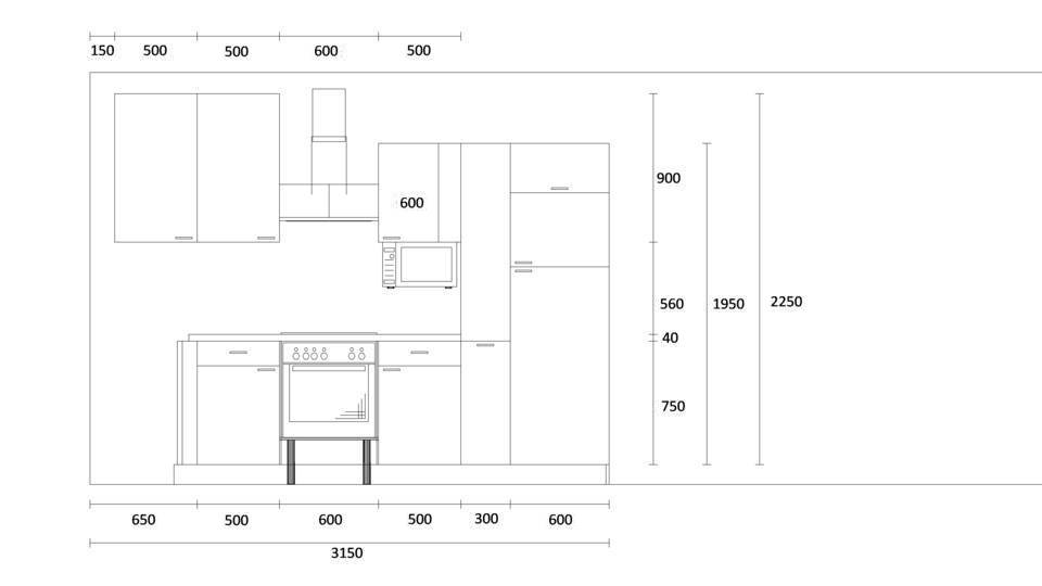 L-Küche "EXK650-1-0" mit Spüle links: Wandansicht & Maße in mm / Bild 2