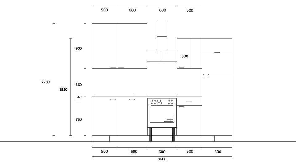 Küchenzeile "EXK660-1-1" mit Spüle links: Wandansicht & Maße in mm