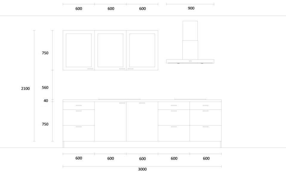 Zweizeilige Küche "EXK680-1-0" mit Spüle links: Wandansicht & Maße in mm / Bild 1
