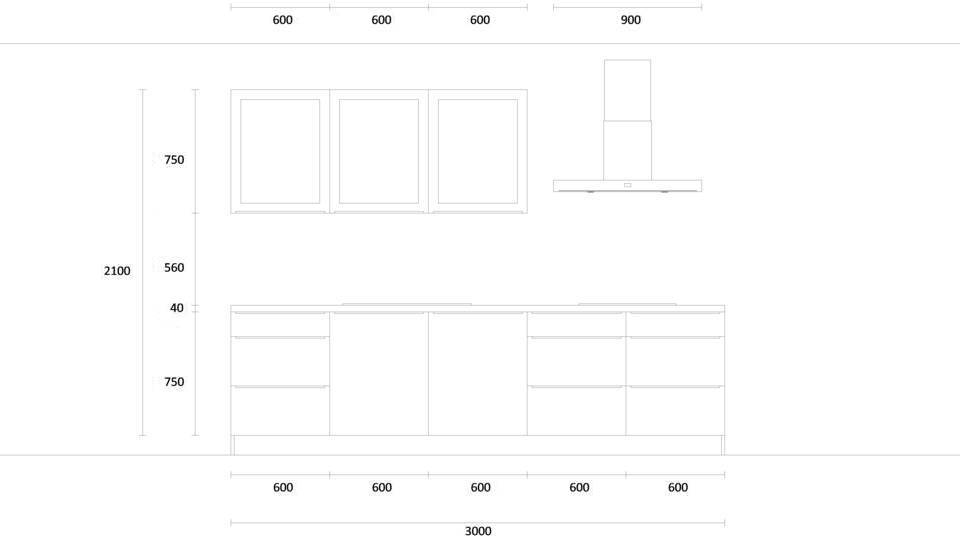 Zweizeilige Küche "EXK790-1-1" mit Spüle links: Wandansicht & Maße in mm / Bild 1