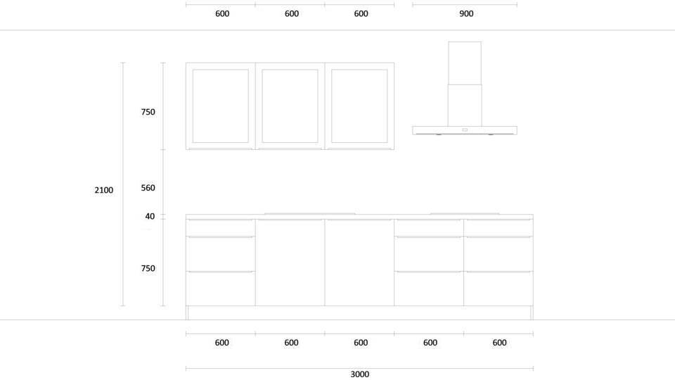 Zweizeilige Küche "EXK800-1-0" mit Spüle links: Wandansicht & Maße in mm / Bild 1