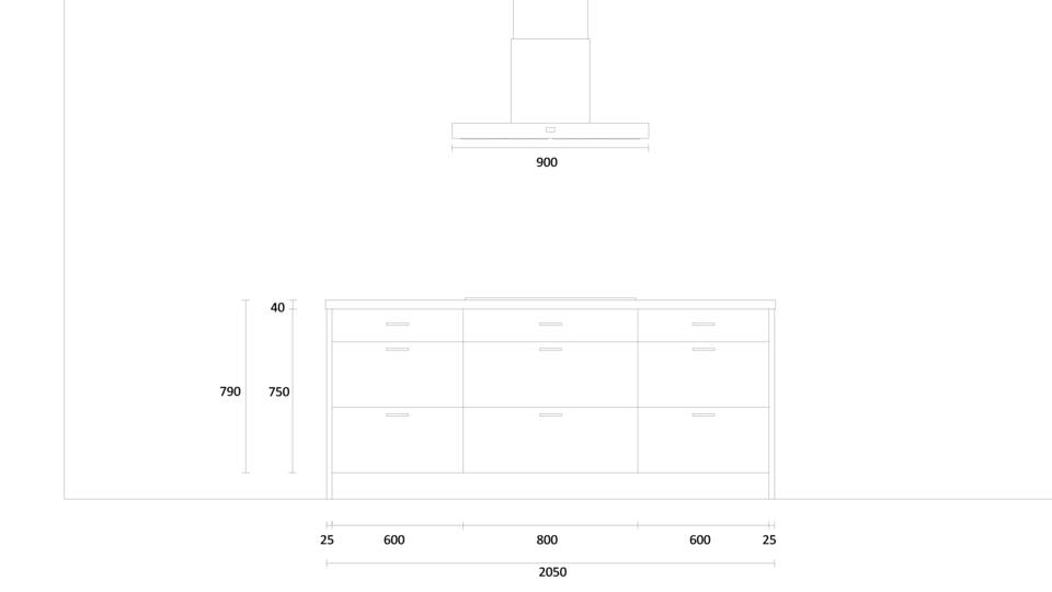 Küche mit Insel "EXK1030-3-1" mit Spüle rechts: Wandansicht & Maße in mm / Bild 2