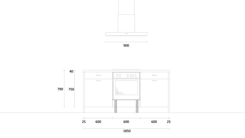 Küche mit Insel "EXK1050-2-0" mit Spüle rechts: Wandansicht & Maße in mm / Bild 2