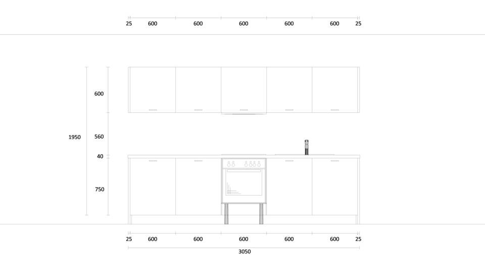 Küche mit Insel "EXK1060-1-1" mit Spüle rechts: Wandansicht & Maße in mm / Bild 1