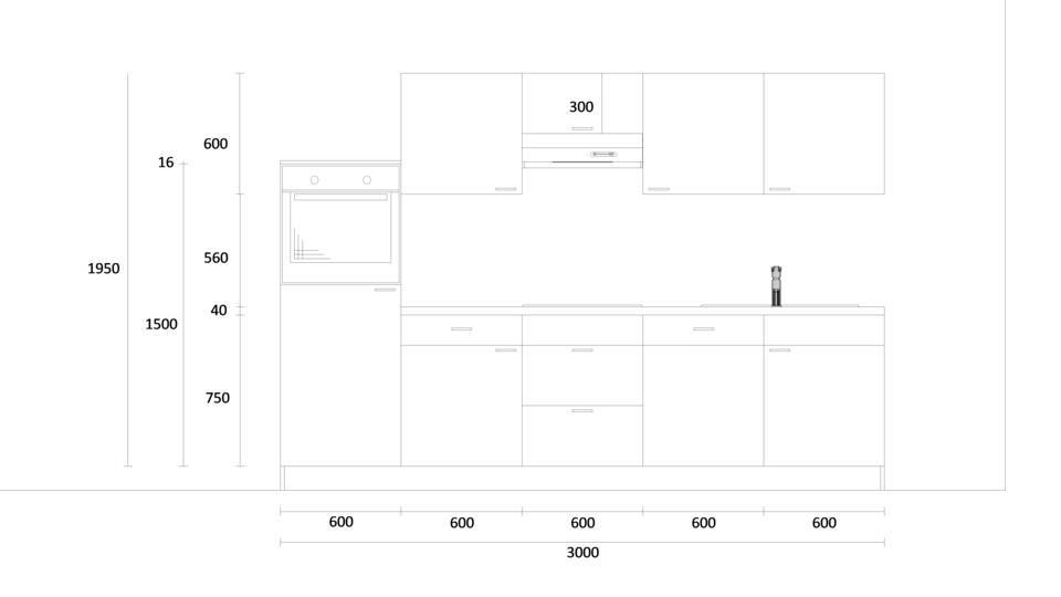 Küchenzeile "EXK1080-3-0" mit Spüle rechts: Wandansicht & Maße in mm