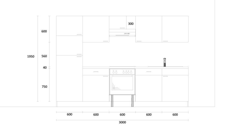 Küchenzeile "EXK1090-5-1" mit Spüle rechts: Wandansicht & Maße in mm