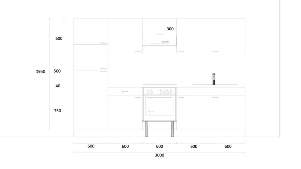 Küchenzeile "EXK1100-4-0" mit Spüle rechts: Wandansicht & Maße in mm