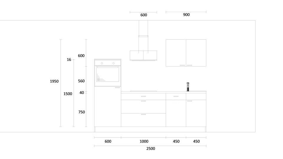 Küchenzeile "EXK1120-3-0" mit Spüle rechts: Wandansicht & Maße in mm