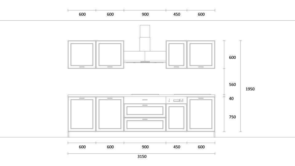 Zweizeilige Küche "EXK120-1-0" mit Spüle rechts: Wandansicht & Maße in mm / Bild 2