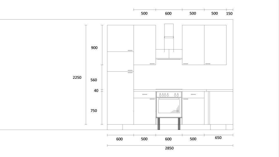 L-Küche "EXK150-1-1" mit Spüle rechts: Wandansicht & Maße in mm / Bild 1