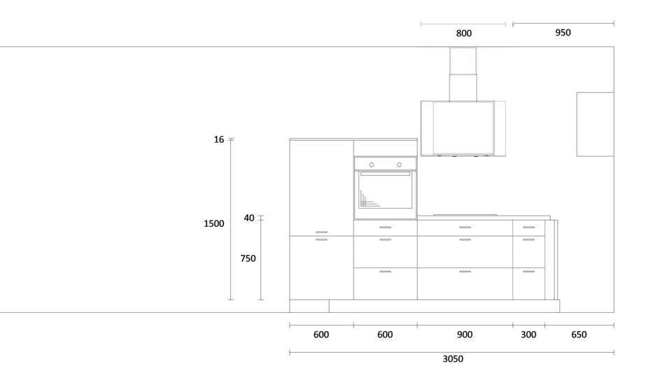 L-Küche "EXK170-1-0" mit Spüle rechts: Wandansicht & Maße in mm / Bild 2