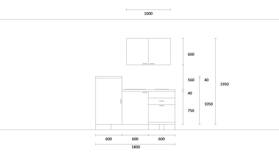 Küchenzeile "EXK230-1-0" mit Spüle rechts: Wandansicht & Maße in mm